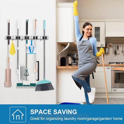 IMILLET 2 Pack Wall Mount Broom Holder Stainless Steel 5 Racks with 4 Hooks Broom Organizer Self Adhesive Heavy Duty Laundry Room, Garage Organization Storage