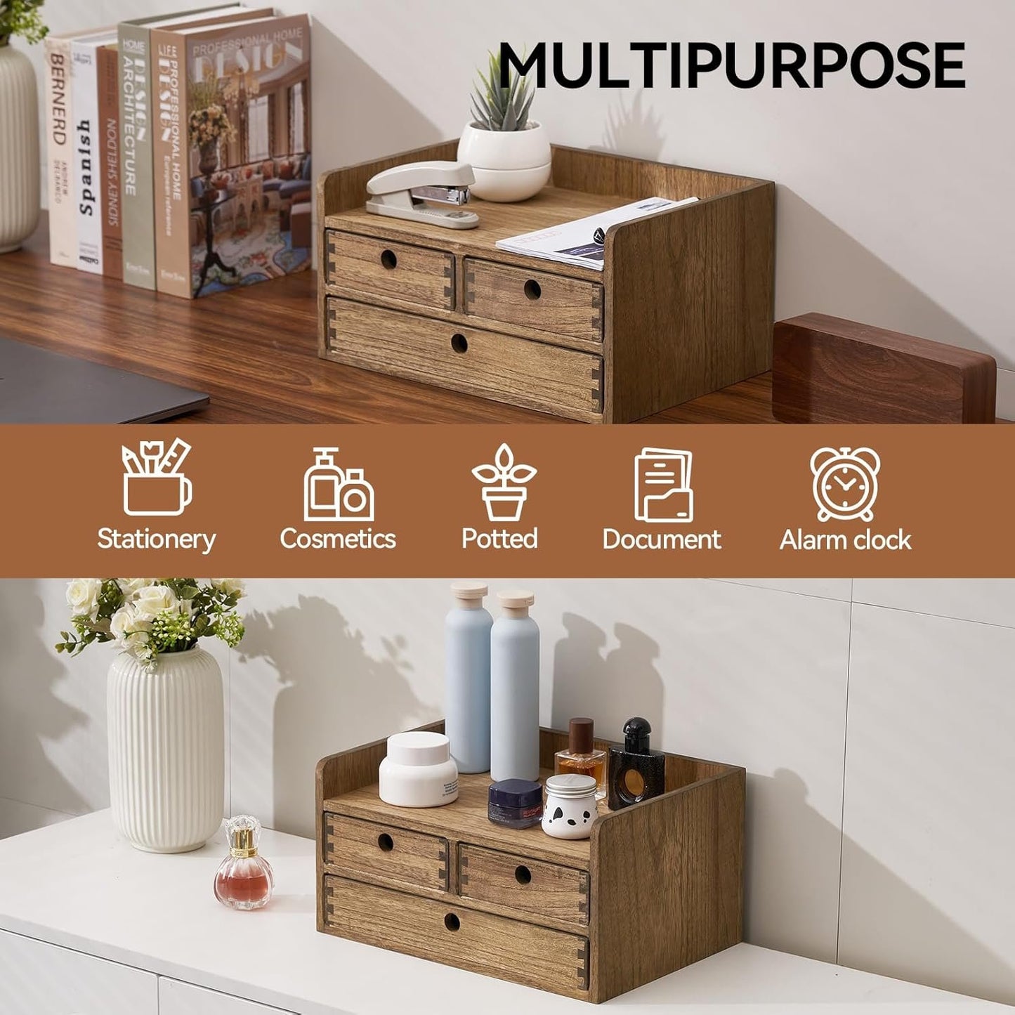 KIRIGEN Desk Organizer with Drawers - Wood Drawer Storage Box with Trays for Tabletop - Workspace Office Toiletries Supplies Tool Caddy - Wooden Storage Cabinet Dark Brownï¼ˆDT2D3C-DBRï¼‰