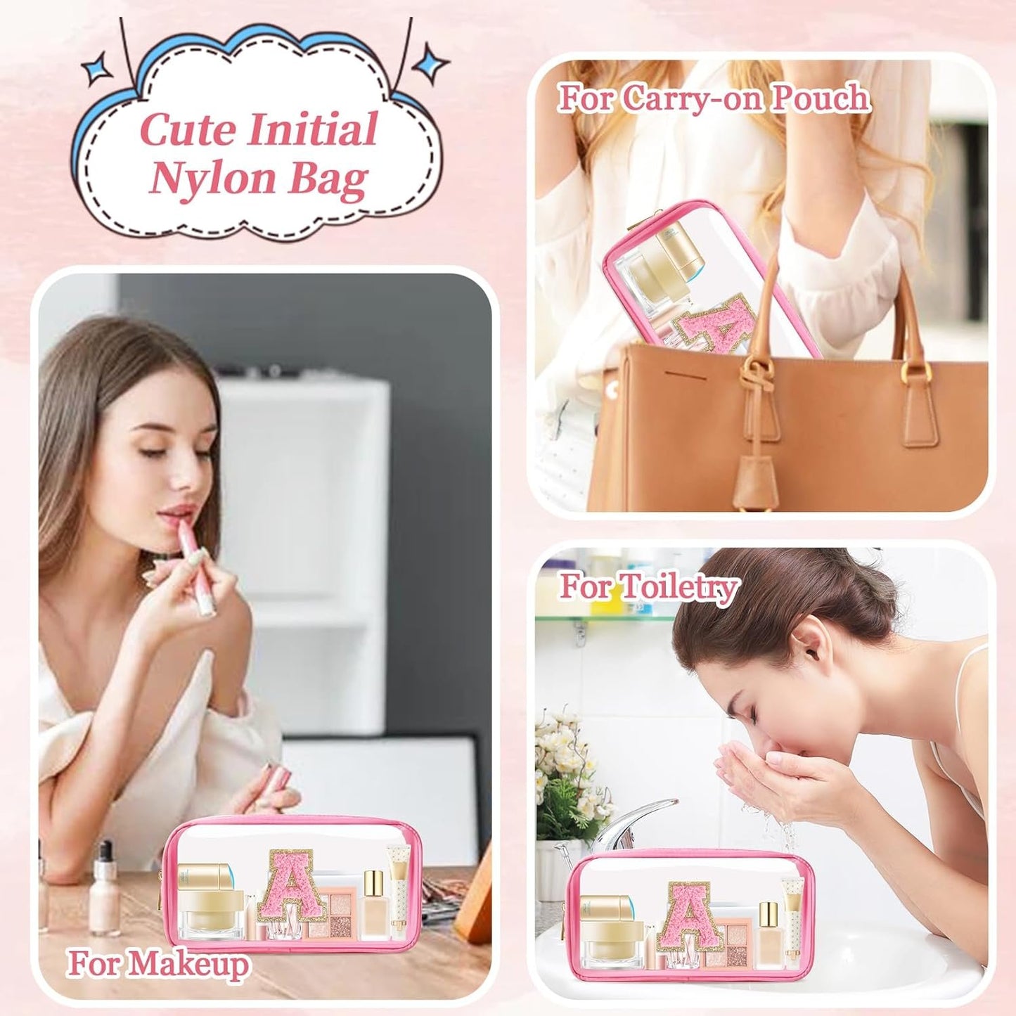 Iqimott Mini Clear Personalized Initial Makeup Bag, Nylon Preppy A-Z Chenille Letter Patch Zipper Cosmetic Bag, Small Cute Pouch Travel Coin Purse Toiletry Bag, Small-Pink, A