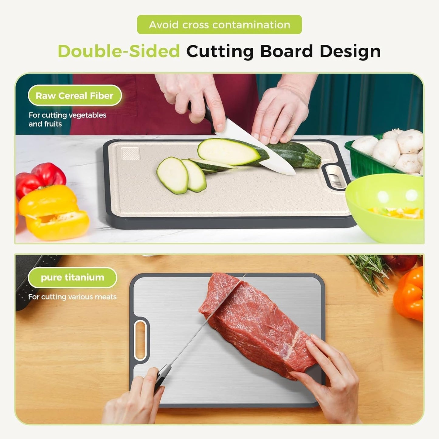 Cutting Board Double Sided, Titanium Cutting Boards for Kitchen, Double Sided Food Grade, Pure Titanium and Wheat Straw PP, Easy to Clean Large Size 16”×11”