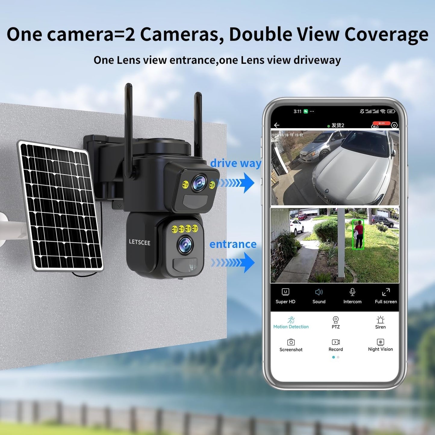 Security Cameras Outdoor WiFi,5G/2.4G Cameras for Home Security Solar Power with Dual Lens,Motion Detection,Night Vision,2-Way Audio,Weather Proof,No Subscription Fee