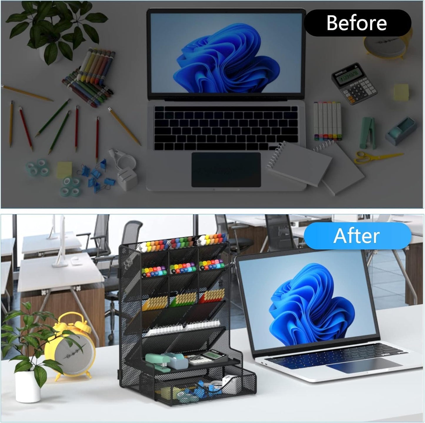 BOHDK Pen Organizer for Desk, Multi-Functional Desk Organizer, Hanging Wall Pen Holder with Drawer for School, Office, Home, Art Supplies, Black