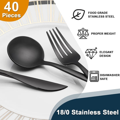 Black Silverware Set, 40pcs Stainless Steel Flatware Set for 8, Tableware Cutlery Set, Utensils for Home, Restaurant, Hotel, Include Knife Fork Spoon Set,Dishwasher Safe