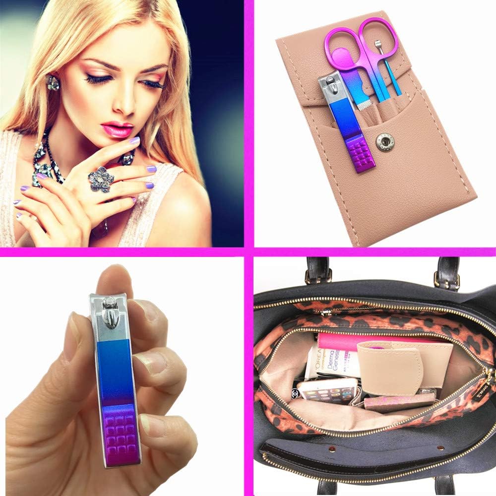 SHICEN Manicure Set, Professional Women Nail Clippers Kit 4PCS， Stainless Steel Nail Cutter Care Tools Professional Grooming Kits, PU Leather Travel Case（Pink）