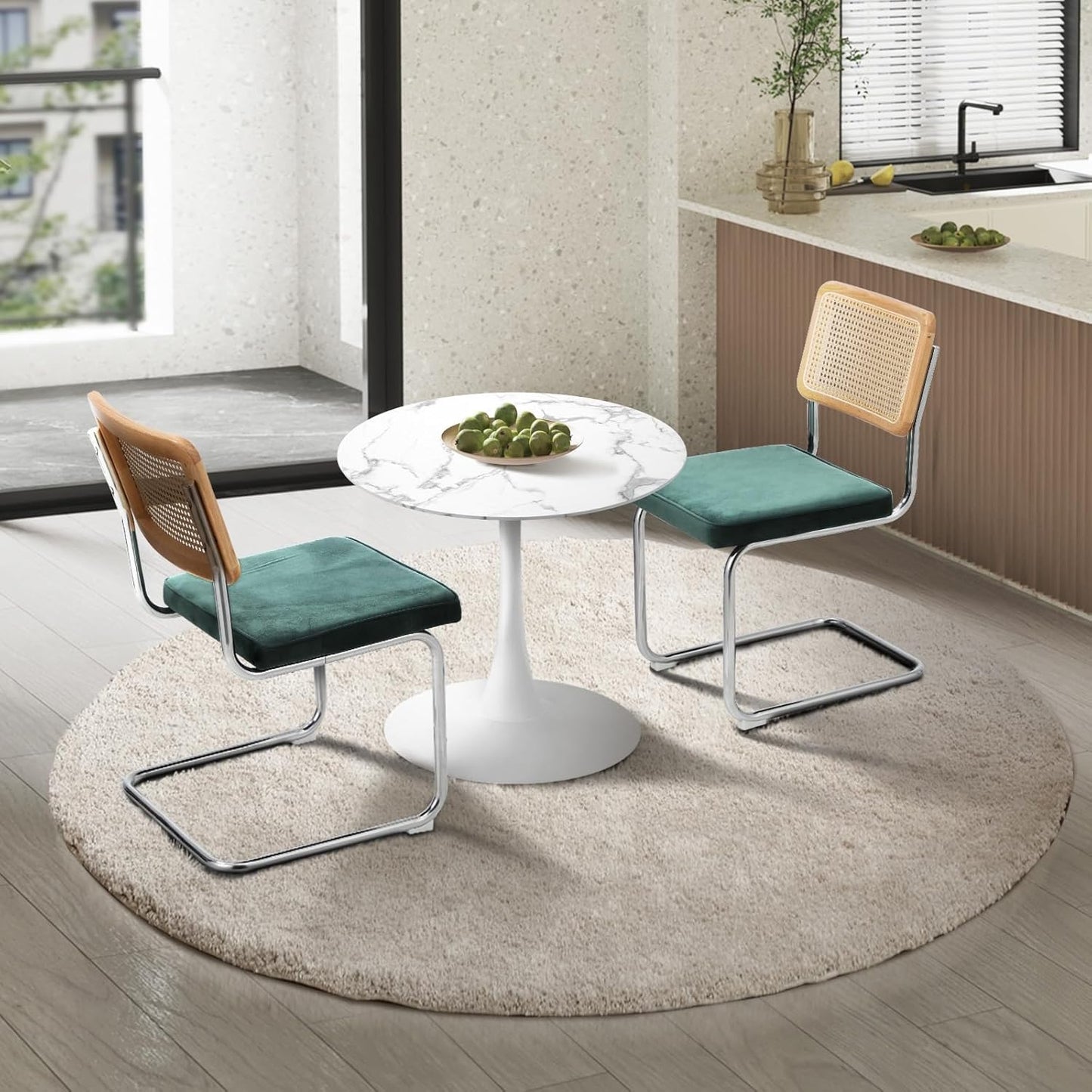 Oikiture 60cm Round Dining Table with 3PCS Dining Chairs Velvet White&Green
