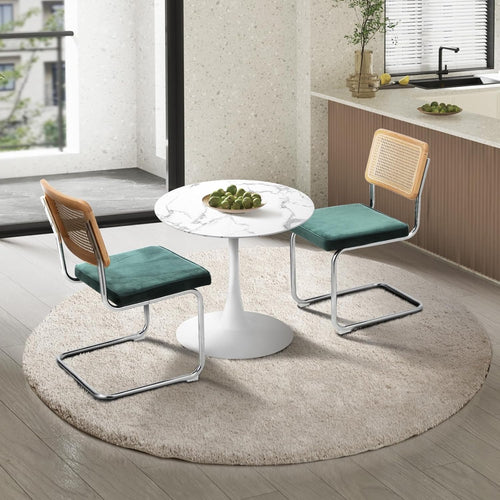 Oikiture 60cm Round Dining Table with 3PCS Dining Chairs Velvet White&Green