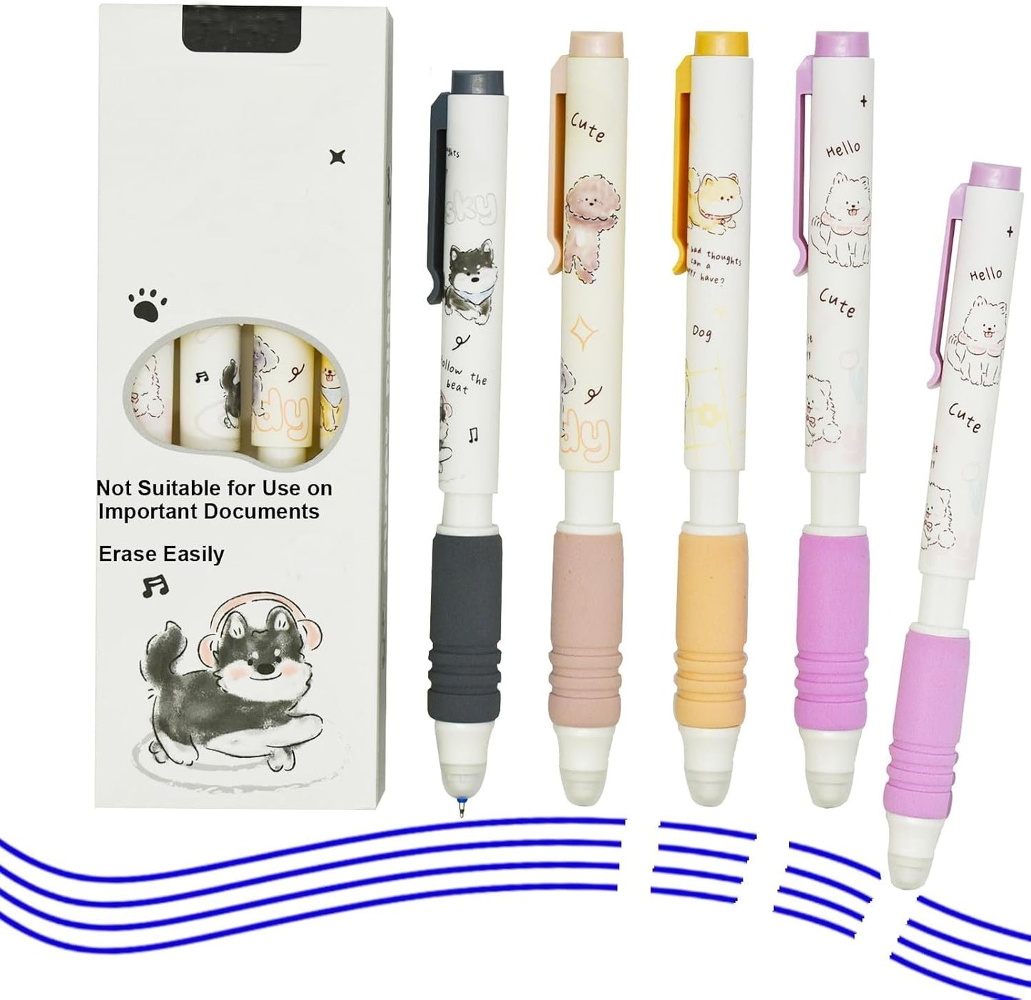 Maydahui 8 Pcs Erasable Pens Cartoon Dog Gel Pens Kawaii Teddy Samoy Shiba Inu Puppy Pen Mistake Free Writing Blue Ink Soft Sponge Grip For Dog Lovers School Office Supplies