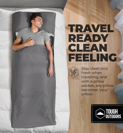 Tough Outdoors XL Sleeping Bag Liner - Travel Sheet & Sleep Sack for Adults - Lightweight & Ideal for Camping, Traveling, Hotels & Backpacking - Smooth & Breathable