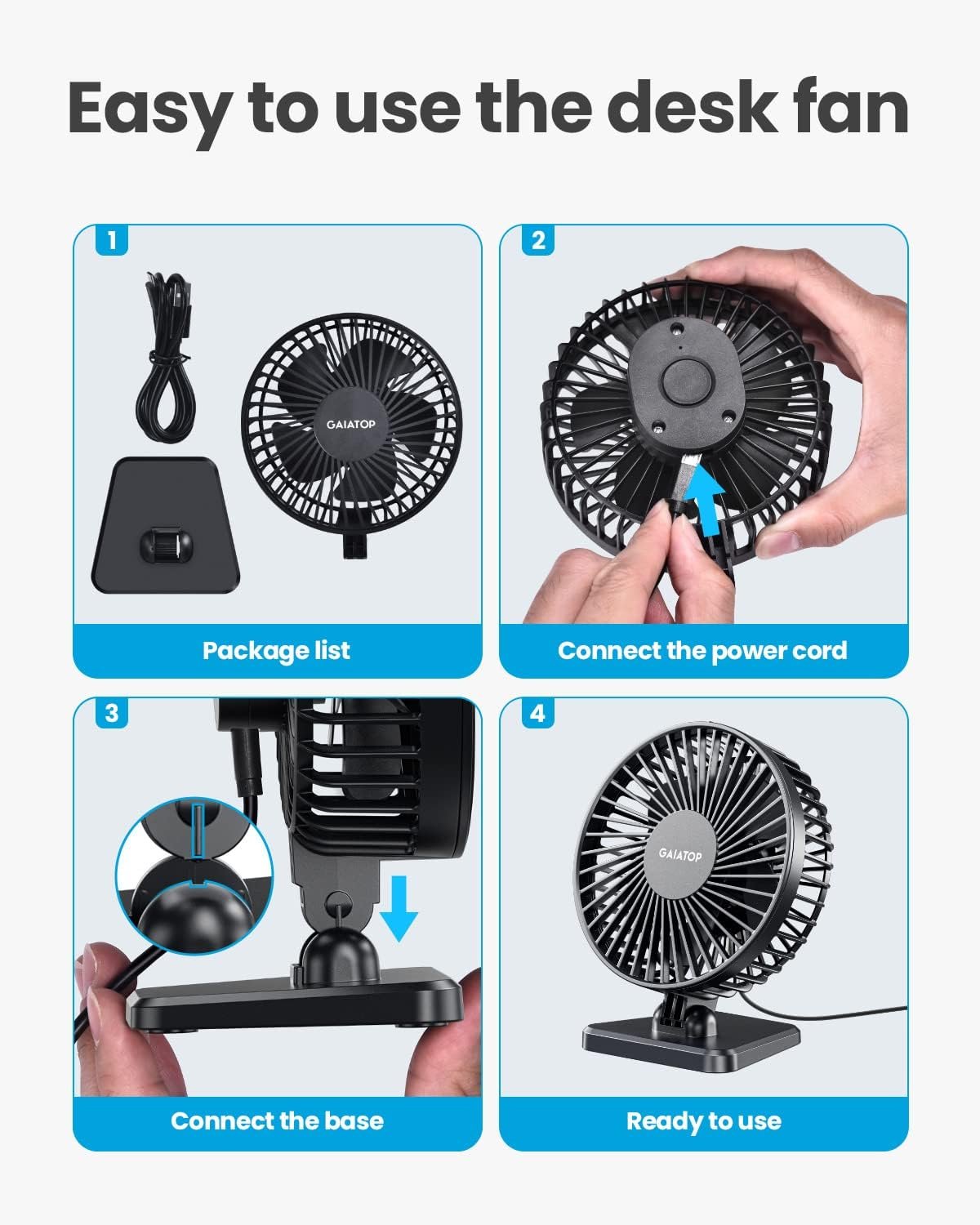 Gaiatop USB Desk Fan, Small But Powerful, Portable Quiet 3 Speeds Wind Desktop Personal Fan, Adjustment Mini Fan Table Fan for Better Cooling, Home Office Car Indoor Outdoor Black