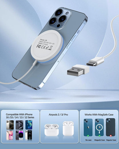 Magnetic Wireless Charger 15w Mag-Safe Charger for iPhone 16 Pro Max/16 Pro/16/16 Plus/15/14/13/12 Series AirPods 3/2/Pro/Pro 2 LED Magnet Charging Pad Induction Chargers with Dual Charging Ports