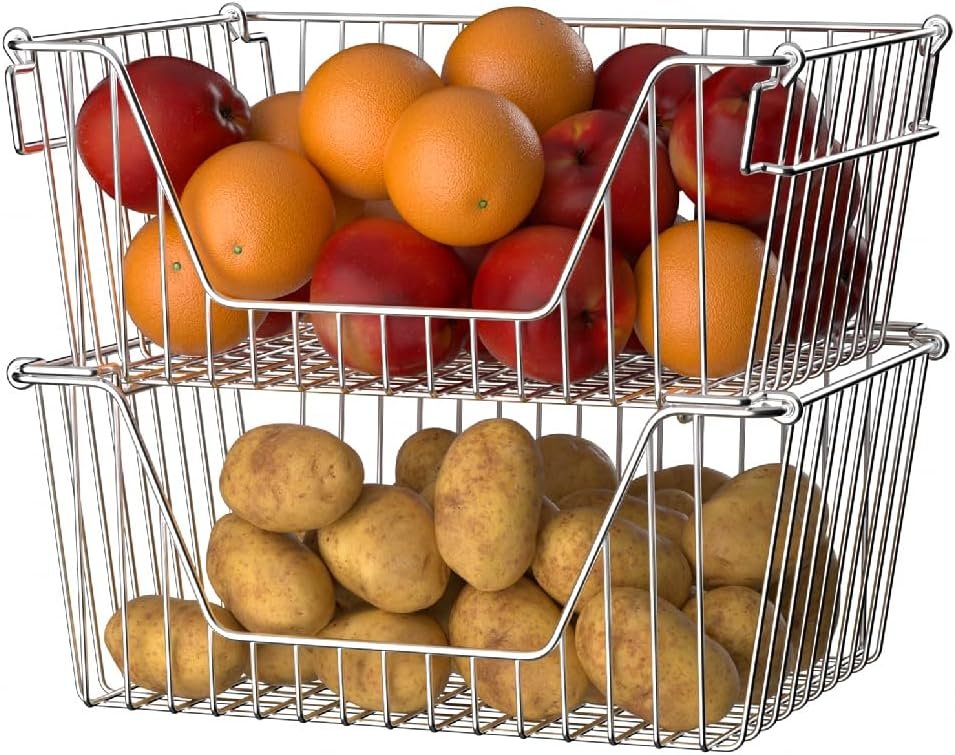 Slideep Large Stackable Storage Baskets Cabinet Organizer Sturdy Metal Wire Pantry Freezer Bin for Pantry Home Bathroom Kitchen Organization 4 Packs