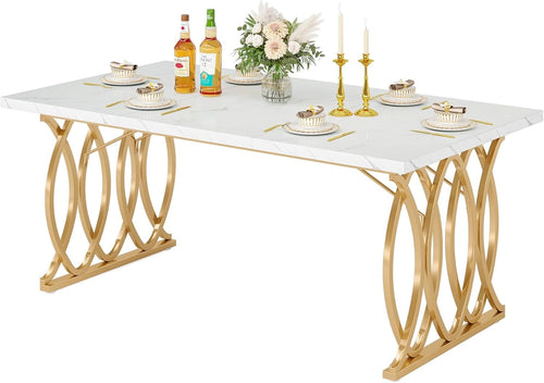LITTLE TREE Modern Dining Table for 4-6 People, 63" Large Rectangular Kitchen Table with Faux Marble Tabletop and Geometric Legs, Unique Dinner Table Kitchen & Dining Room Furniture