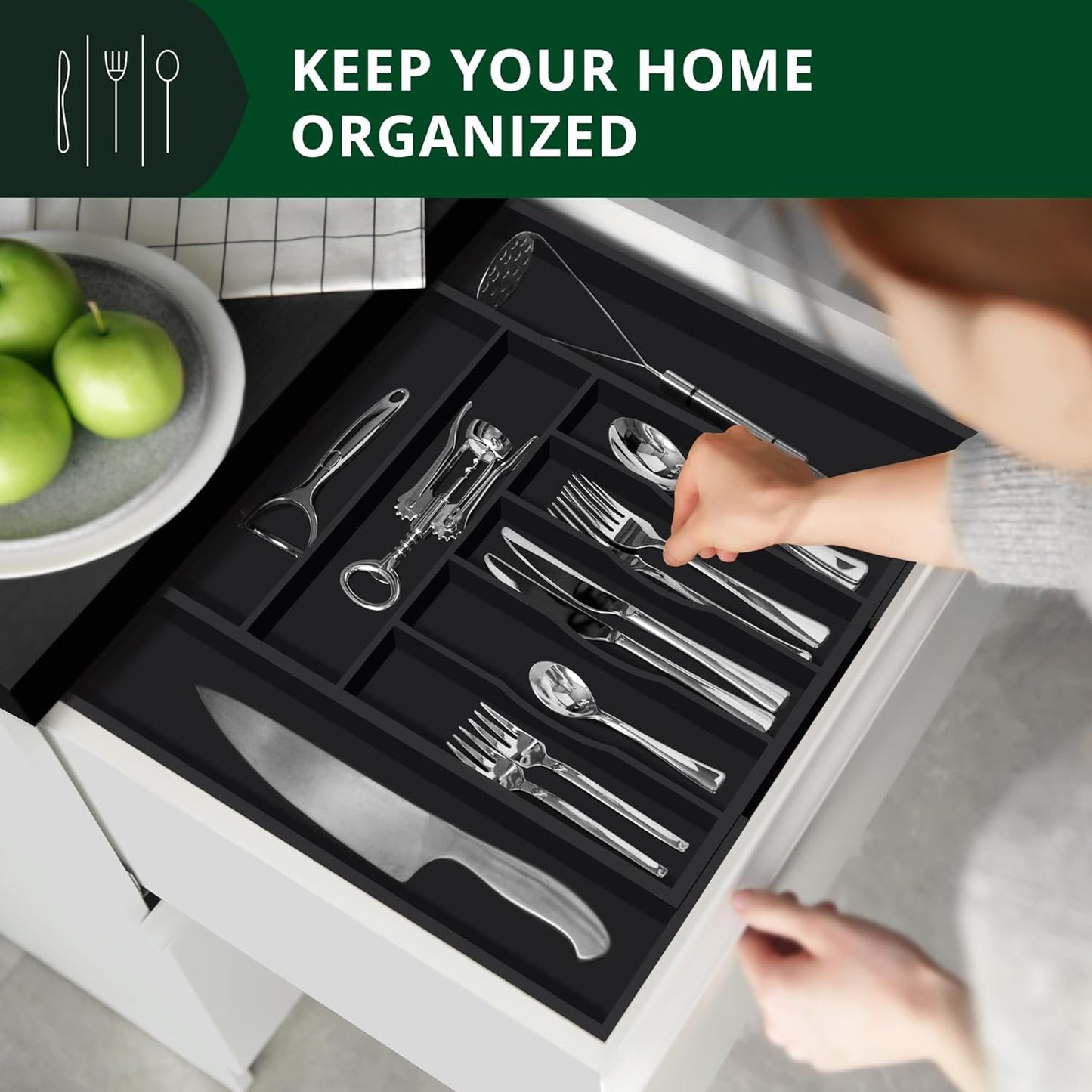 Bamboo Kitchen Drawer Organizer - Expandable Silverware Organizer/Utensil Holder and Cutlery Tray with Grooved Drawer Dividers for Flatware and Kitchen Utensils (Black, 9 Slots)