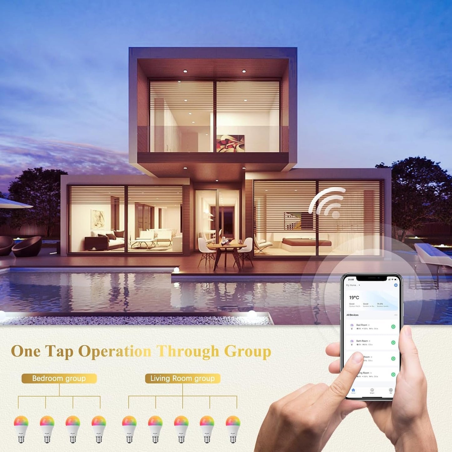 DiCUNO Smart Bulb, E27 Smart Light Bulb, 9W 800LM, 60W Equivalent, Multicolour, Compatible with Alexa and Google Home, RGBCW WiFi LED Lamp, Dimmable, No Hub Required, 1-Pack