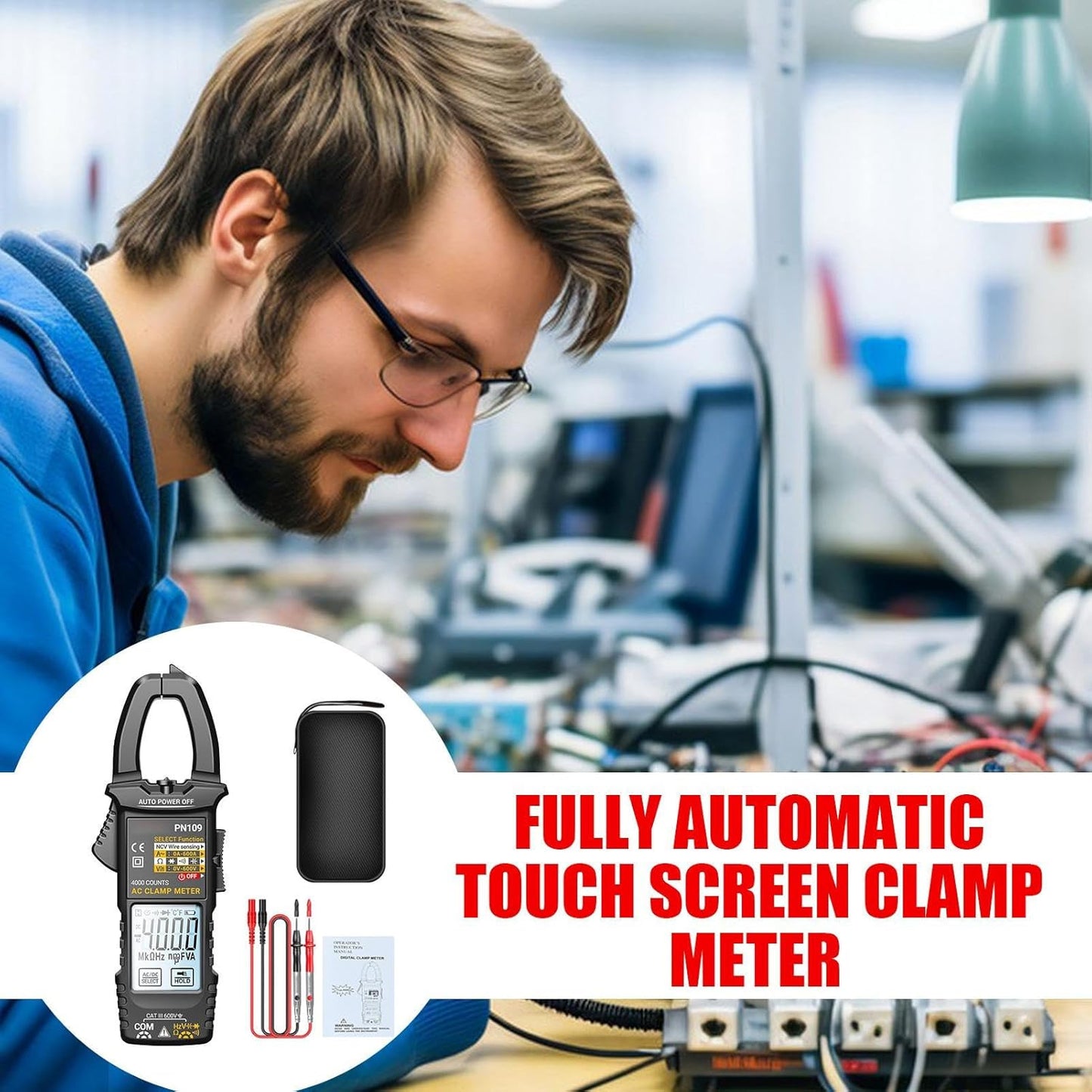 Clamp Multimeter 4000 Count Digital Multimeter with Case, LCD Backlight Display, Safety Protection, Automatic Range Detection, Professional Automotive Tool for Accurate Measurements and Diagnostics