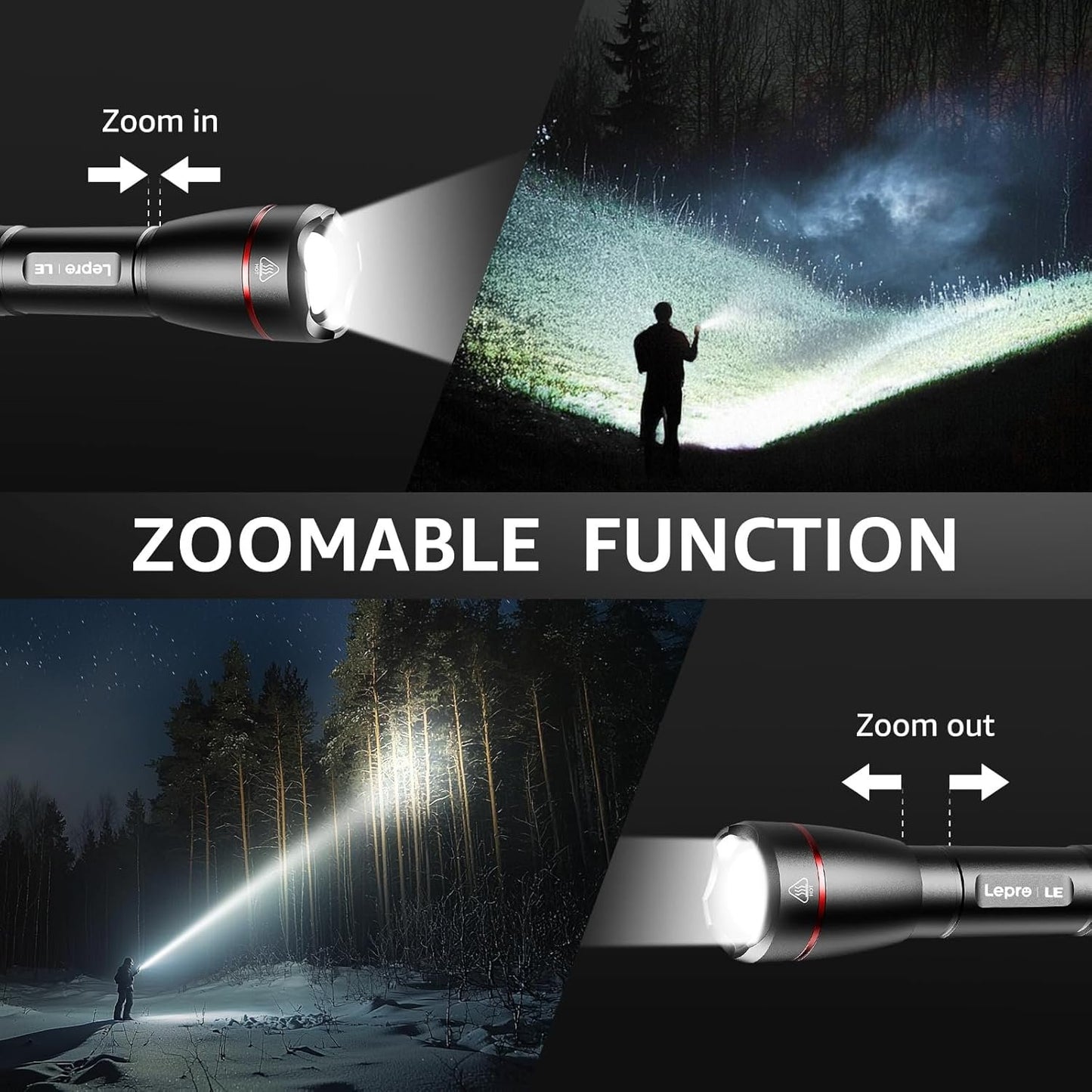 Lepro LED Torch Rechargeable, 15000 Lux Super Bright Adjustable Focus Flashlight with 5 Modes, IPX4 Waterproof, Lightweight Handheld Torch for Camping, Running.