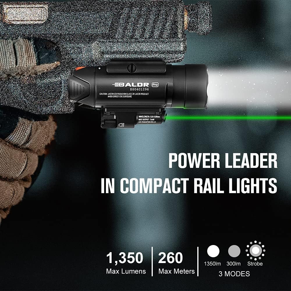 OLIGHT Baldr Pro 1350 Lumens Tactical Flashlight, Ultra Bright Light with Green Beam and White LED Combo, Compatible with 1913 or GL Rail, Light Powered by Batteries (BK)