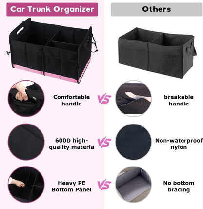 Car Trunk Organizer, 72L Large Capacity Waterproof Auto Storage Organizer with Non-Slip Bottom Strips, Collapsible Cargo Organizer for Suv, Truck, Sedan, Portable Car Accessories for Women Men(Pink)