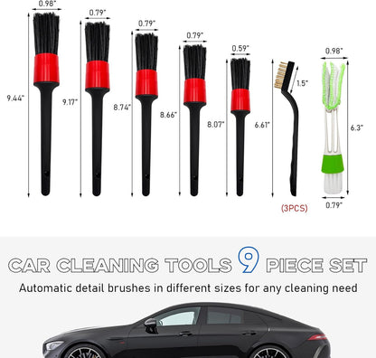 9 PCS Auto Car Detailing Brush Set, Auto Cleaning Brush Set Includes Detailing Brush, Wire Brush & Air Vent Brush, Vehicle Wash Kit for Interior & Exterior, Universal Car Accessories (Red)