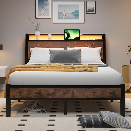ZGEHCO Full Size Bed Frame with Ergonomic Headboard, Metal Full Bed Frame with Charging Station & LED Lights Double Bed Frame with Storage & Strong Steel Slats,No Box Spring Needed, Rustic Brown