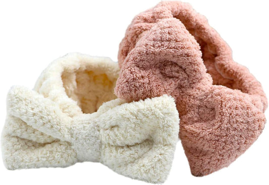 Spa Headband Facial Makeup Hairband Bowknot Head Wrap Coral Fleece Headbands for Washing Face Mask Shower 2PCS