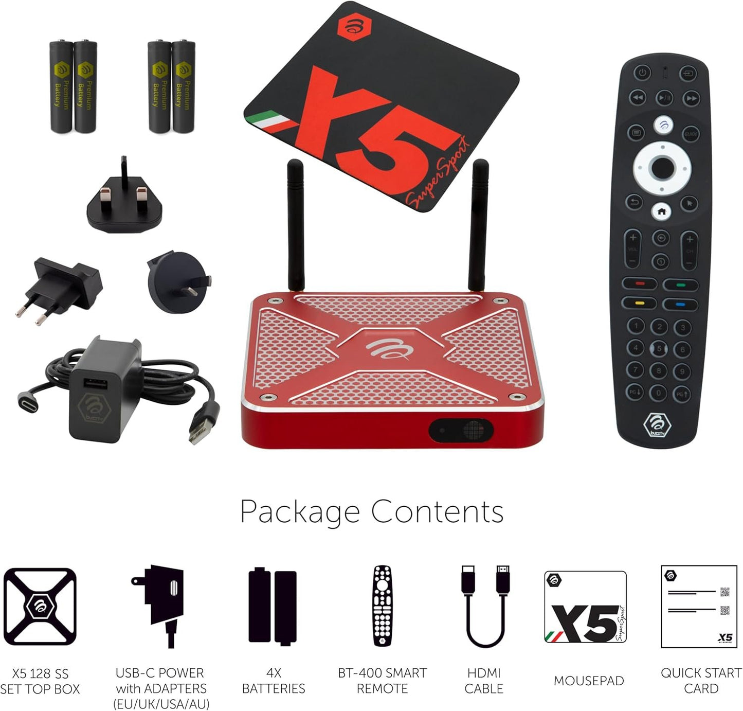 BuzzTV X5 SS Android 13 TV Box, 4GB DDR4 RAM, 128GB Storage, Scarlet Red Aluminum, Voice-Controlled Remote, Wireless AX, USB-C, Global Power Adapters