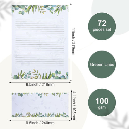 72 Pcs Leaf Theme Paper Stationery Set 36 Greenery Letterhead Paper with 36 Matching Envelope Leaves Lined Paper for Letter Elegant Letter Paper (Fresh Style,8.5 x 11 Inch, 9.5 x 4.13 Inch)