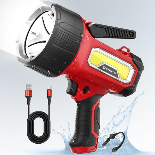 FORTO Rechargeable Spotlight Flashlight with 2000 Lumens, Handheld Spotlight with Foldable Stand, 6 Light Modes IPX7 Waterproof LED Spot Lights Outdoor for Boating Hunting Hiking(Red Pro)