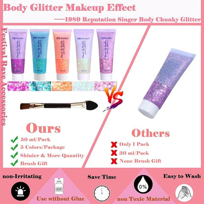 Body Glitter Face Glitter Gel: Singer Concerts Disco Festival Rave Accessories Face Glitter Makeup 150ml Chunky Sequins Mermaid Face Body Hair Glitter Gel (White&Pink&Rose&Lake Blue&Orange)