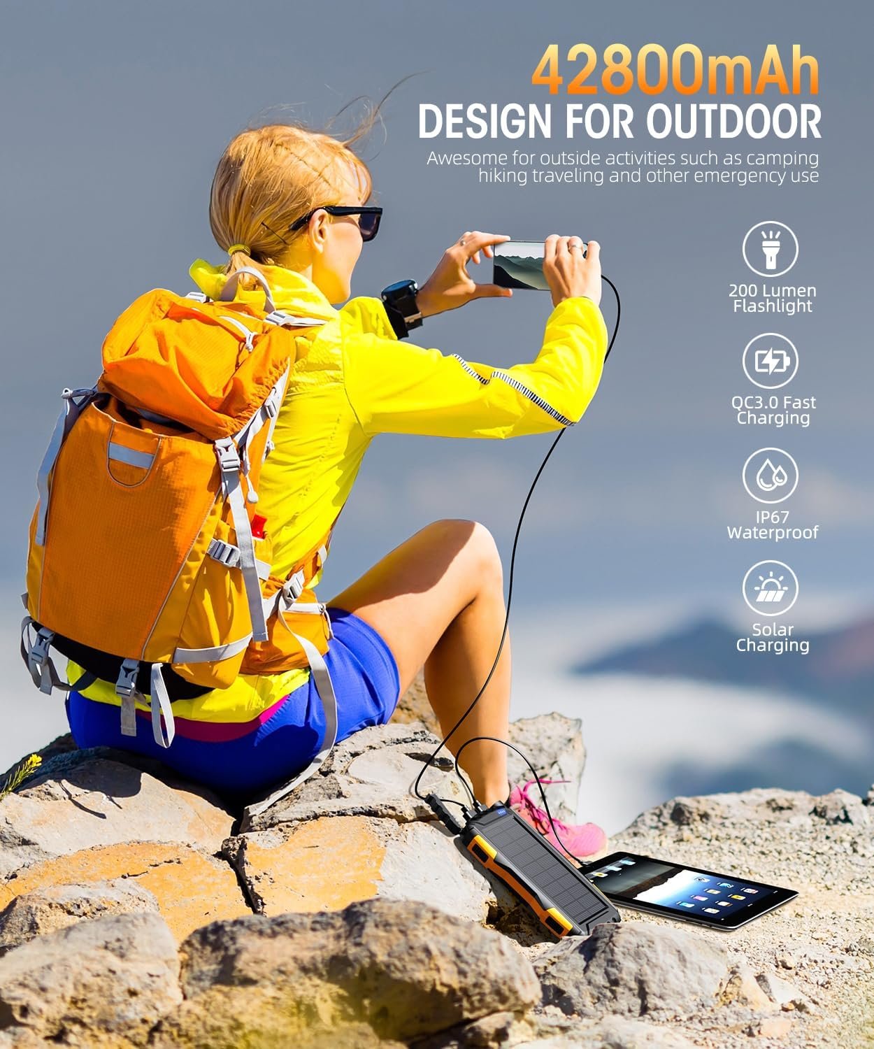 Power-Bank-Solar-Charger - 42800mAh Power Bank,Portable Charger,External Battery Pack 5V3.1A Qc 3.0 Fast Charging Built-in Super Bright Flashlight (Orange)