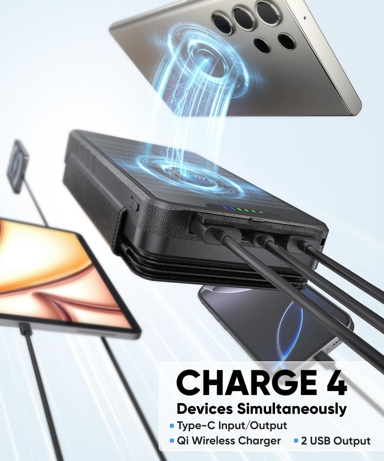 Solar-Charger-Power-Bank - 38800mAh with Dual 5V3.1A Outputs 10W Qi Wireless Charger Waterproof Built-in 4 Solar Panel and Bright Flashlights