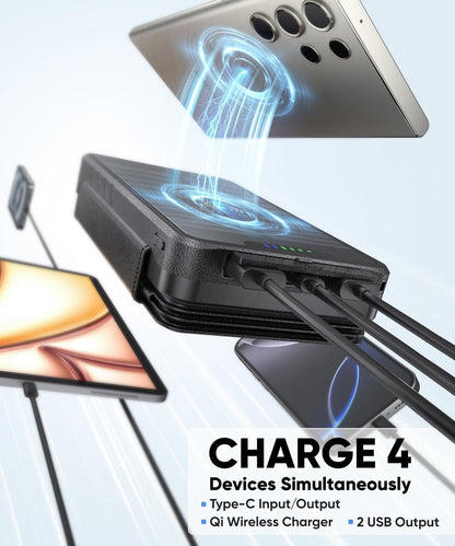 Solar-Charger-Power-Bank - 38800mAh with Dual 5V3.1A Outputs 10W Qi Wireless Charger Waterproof Built-in 4 Solar Panel and Bright Flashlights