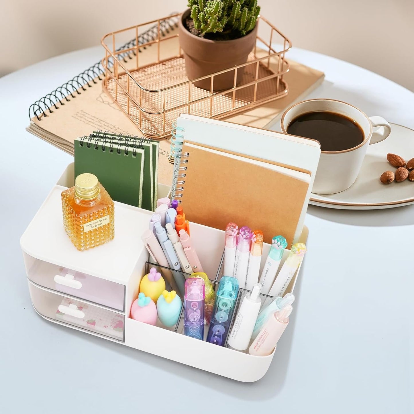 Witwatia Desk Organizer with 2 Drawer, Plastic Desk Organizers and Storage with 5 Compartments, Cosmetic Makeup Storage Box with 3 Pen Holder, Desktop Organization for Bathroom School Home Office
