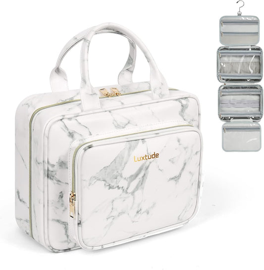 Luxtude Waterproof Leather Toiletry Bag for Women, Hanging Travel Toiletry Bag with 360°Hanging Hook, Large Travel Toiletry Cosmetic Organizer for Toiletries, Bathroom Shower, Makeup Accessories etc.