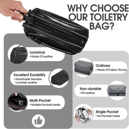 Travel Toiletry Bag for Men Hanging Dopp Kit - 100% Genuine Leather Mens Travel Organizer- Shaving Bag for Toiletries Accessories with Large Capacity -Best Gift for Husband Father Boyfriend, Black