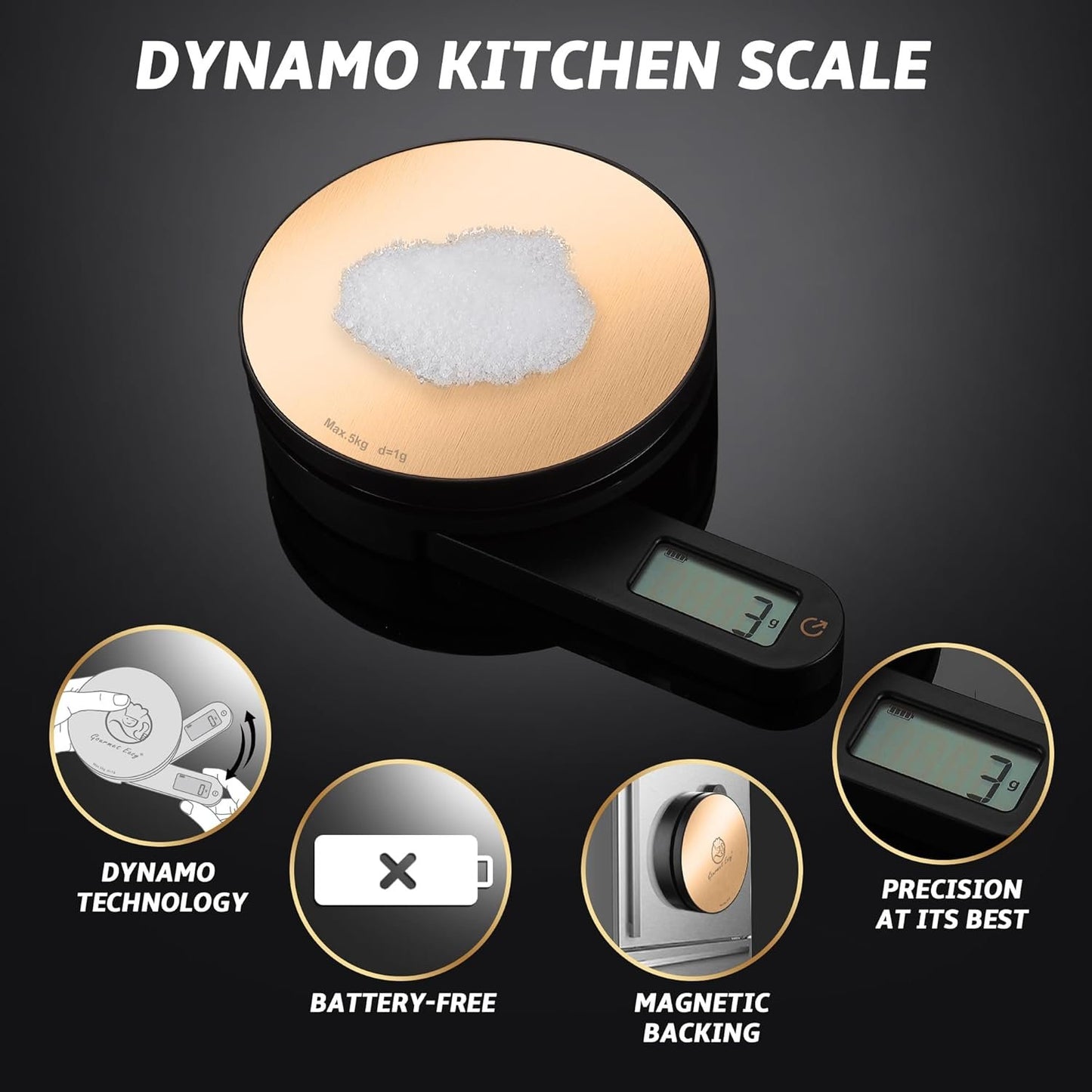 Dynamo Food Scale for Kitchen, Battery-Free Technology Kitchen Scale, Food Weight Scale, Weight in Grams & Ounces, Multifunctional Scale for Cooking, Baking & Meal Prep, Round, Gourmet Easy