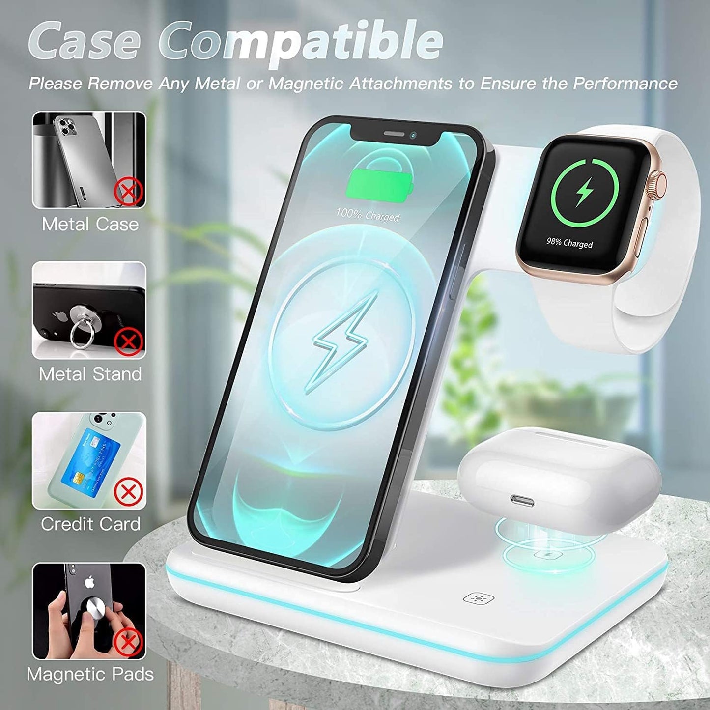 KIYOSAKI Wireless Charger, 3 in 1 Charging Station, Charging Dock for AirPods and AirPods Pro, Watch Stand for Apple Watch, Qi Fast Charging Stand for iPhone Samsung Galaxy and All Qi-Enabled Devices