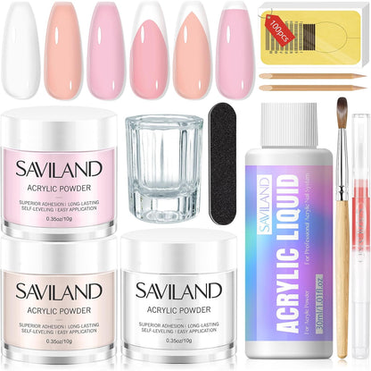 SAVILAND Acrylic Nail Kit French Sculpture Set: Clear/Nudes/Pink Acrylic Powder and Liquid Set Acrylic Nail Brush Cuticle Oil for Nail Care Professional DIY Acrylic Nail Art Beginner Acrylic Nail Kit