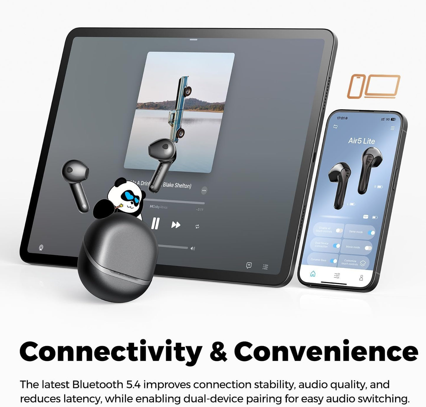 SoundPEATS Air5 Lite Wireless Earbuds with Hi-Res Audio, Bluetooth 5.4 Earphones, 13mm Drivers, LDAC Codec, Noise Cancelling Headphones for Calls, Stereo Sound, 30 Hrs, APP Control (Black) (Black)