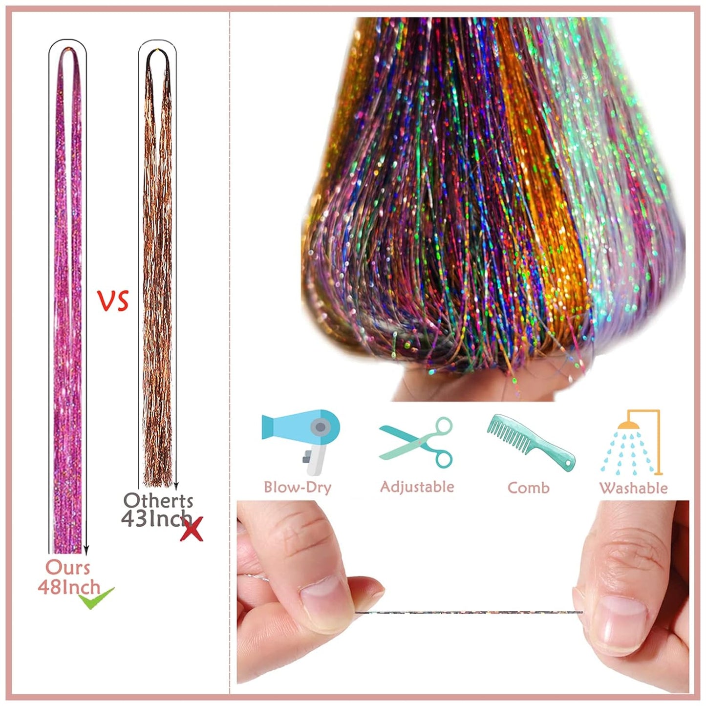 Hair Tinsel Kit (48 Inch, 20 Colors, 6000 Strands), Glitter Tinsel Hair Extensions with Tools - Fairy Hair Tinsel Heat Resistant Accessories for Women Girls Kids
