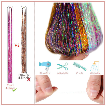 Hair Tinsel Kit (48 Inch, 20 Colors, 6000 Strands), Glitter Tinsel Hair Extensions with Tools - Fairy Hair Tinsel Heat Resistant Accessories for Women Girls Kids