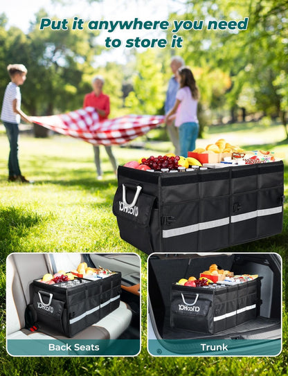 YOHOOLYO Trunk Organizer for SUV Large Insulated Car Storage Organizer Collapsible Multi-compartments Pockets Trunk Cooler Box Portable Grocery Cargo Container with Aluminium Handles, Lid Black E3W