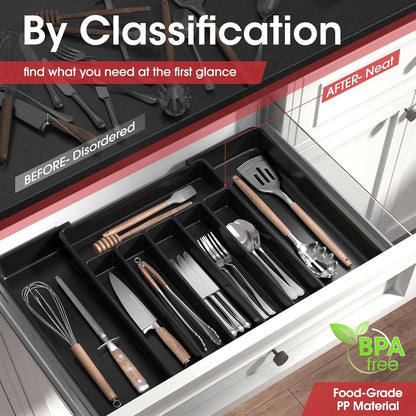 AUJEN Cutlery Organizer - Expandable Utensil Drawer Organizer, Adjustable Cutlery Tray Organizer, Multipurpose Silverware Kitchen Drawer Organizerr for Forks, Knives, Black, 13.6 x 1.7 x 10.2~19.7inch