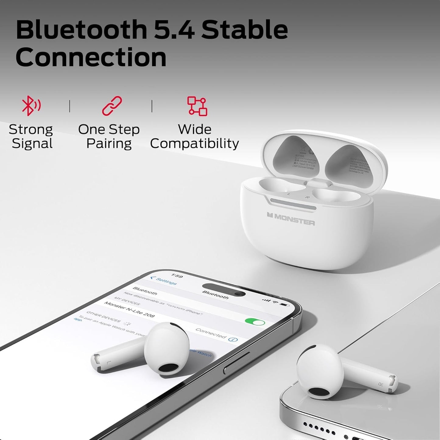 Monster N-Lite 208 Wireless Earbuds, Bluetooth Earbuds Touch Control, Bluetooth Headphones with 30H Playtime, Wireless Headphones Type-C Charging, Clear Call for Running, White