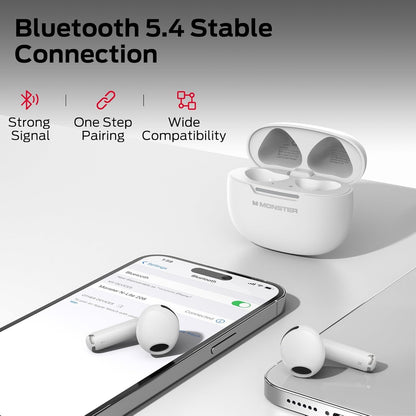 Monster N-Lite 208 Wireless Earbuds, Bluetooth Earbuds Touch Control, Bluetooth Headphones with 30H Playtime, Wireless Headphones Type-C Charging, Clear Call for Running, White