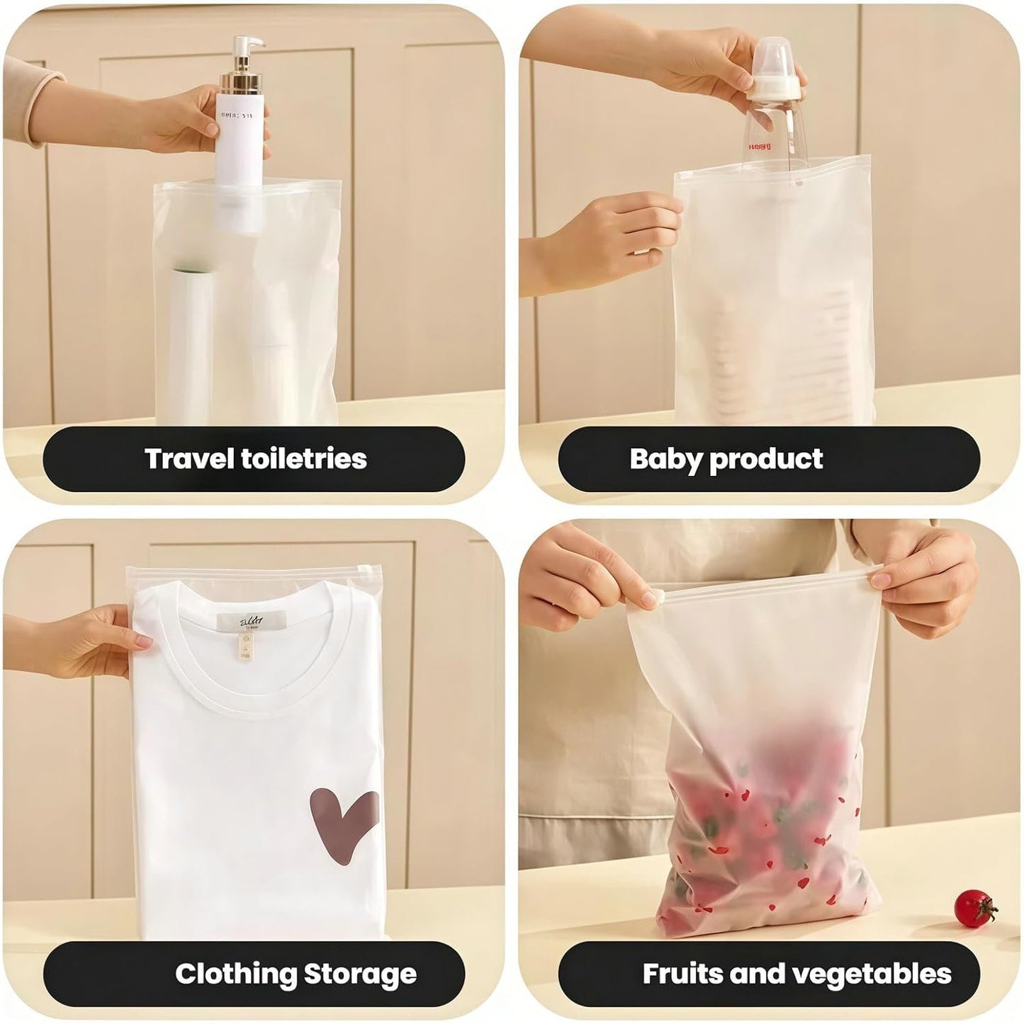 25 Pcs Reusable Travel Storage Bags, Frosted Plastic Bag for Clothing with Resealable Zipper - Waterproof Clothes Packaging Bag for Shoes, Cosmetics, Toiletries Organization