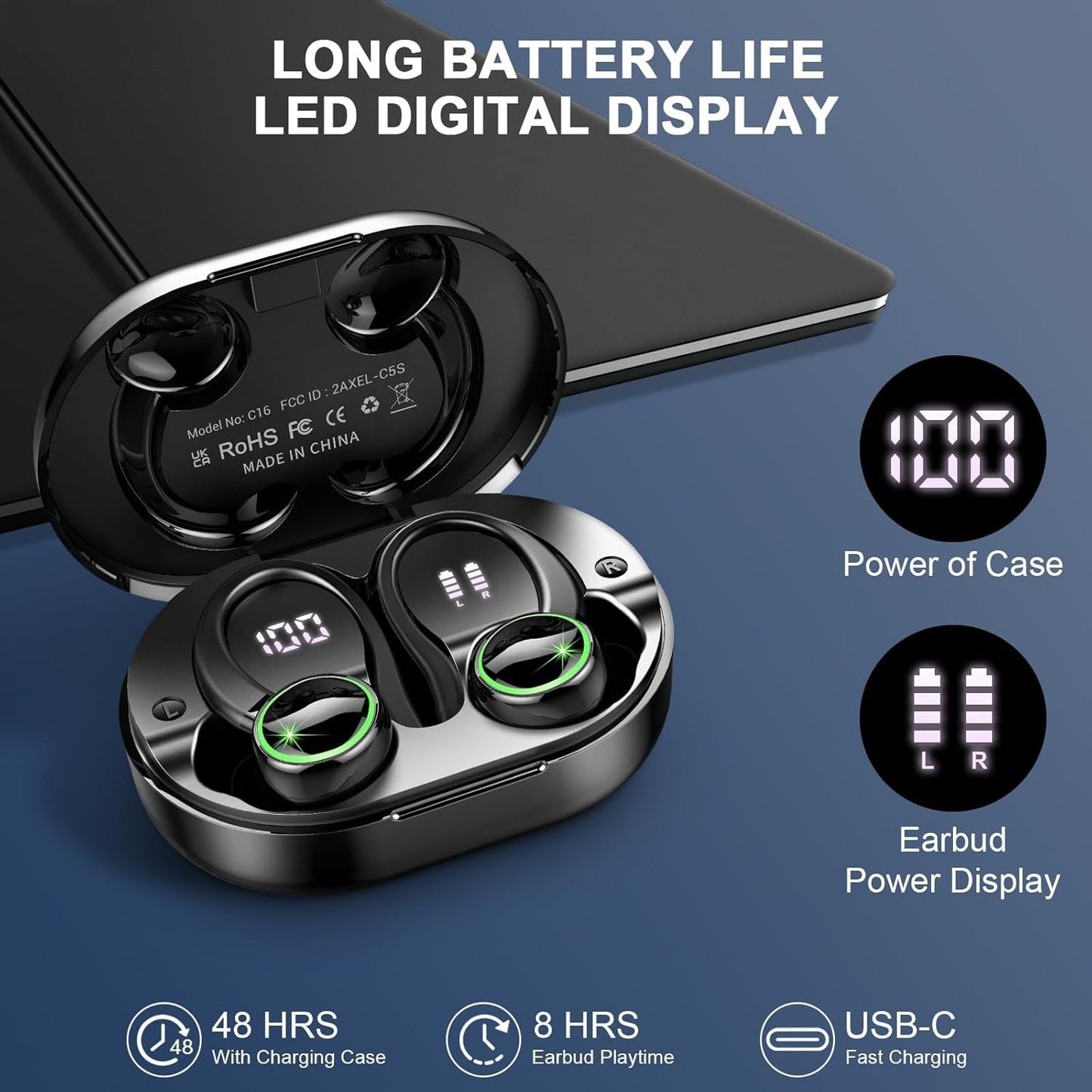 Wireless Earbuds Sport, Écouteur Bluetooth 5.4, HiFi Stereo Ear Buds, ENC Noise Cancelling Mic Headphones, 50H Dual LED Display Casque, in Ear Earphones with Earhooks, for Running/Fitness/Workout