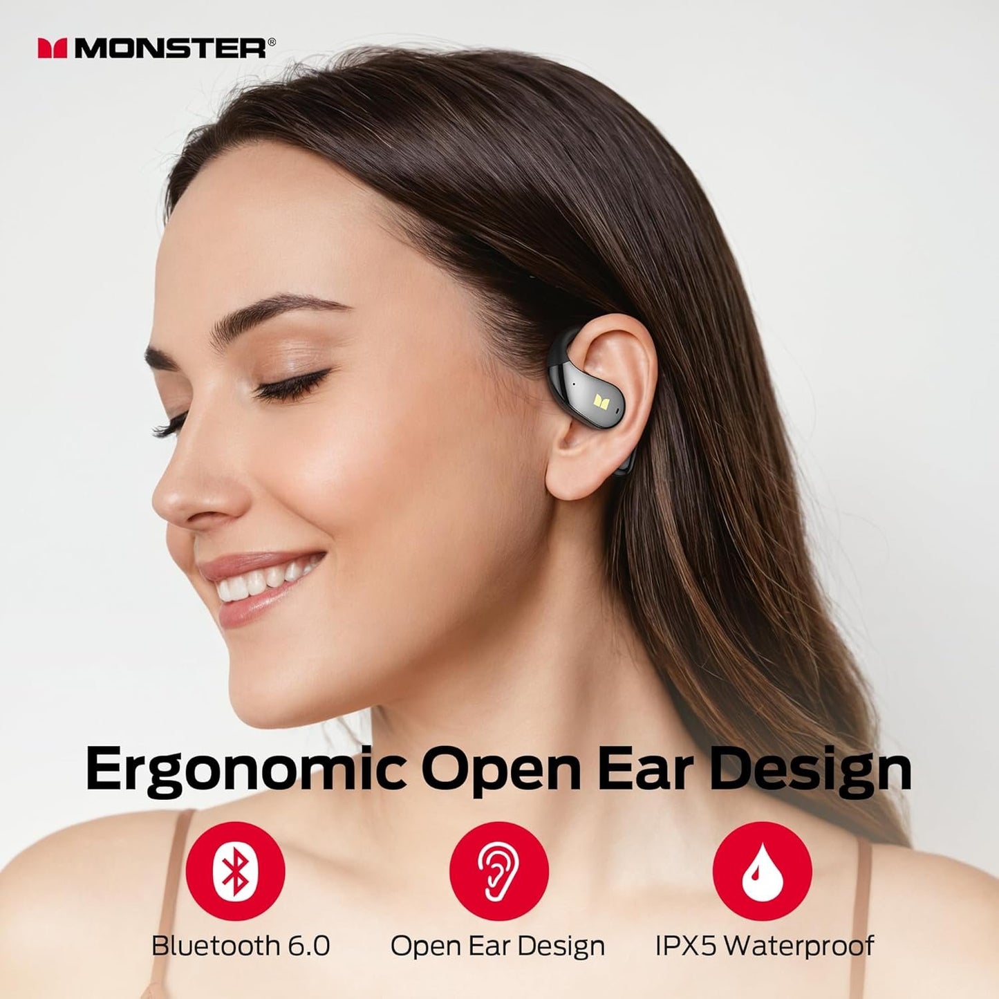Monster Open Ear AC328 Wireless Earbuds, Open Ear Headphones 32H Playtime, Lightweight Comfort Bluetooth Earbuds, Bluetooth 6.0 Earphones Stereo Sound, Water Resistant Design for Sports, Black