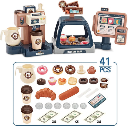 Pretend Play Coffee Maker Toy Role Play Coffee Shop Party Playset with Coffee Machine Cash Registers Toy Food Dessert Donuts Cakes Set Early Learning Funtional Toy for Kids Birthday
