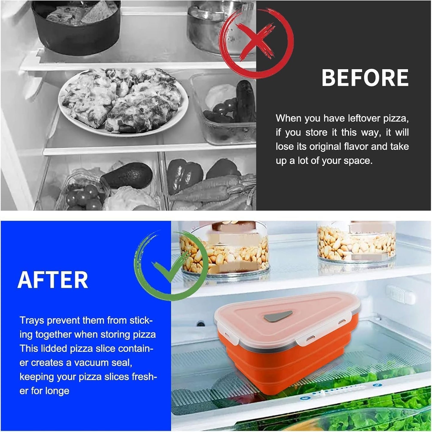 Queceuy reusable expandable pizza storage container includes 5 microwaveable heating trays, adjustable pizza boxes, space-saving pizza rack, and the rest of the pizza slice containers